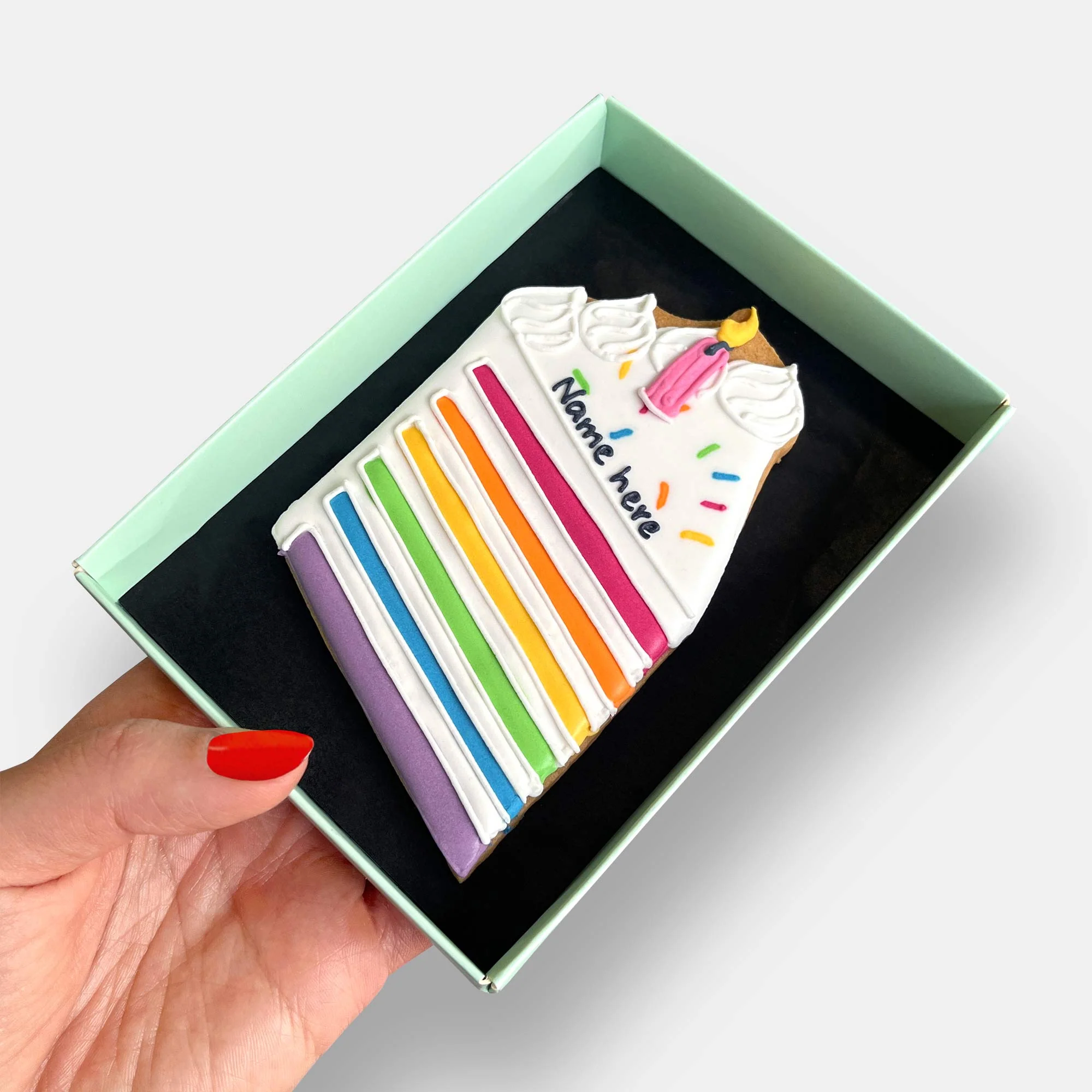 Personalised Rainbow Birthday Cake Slice Letterbox Iced Cookie - Image 3